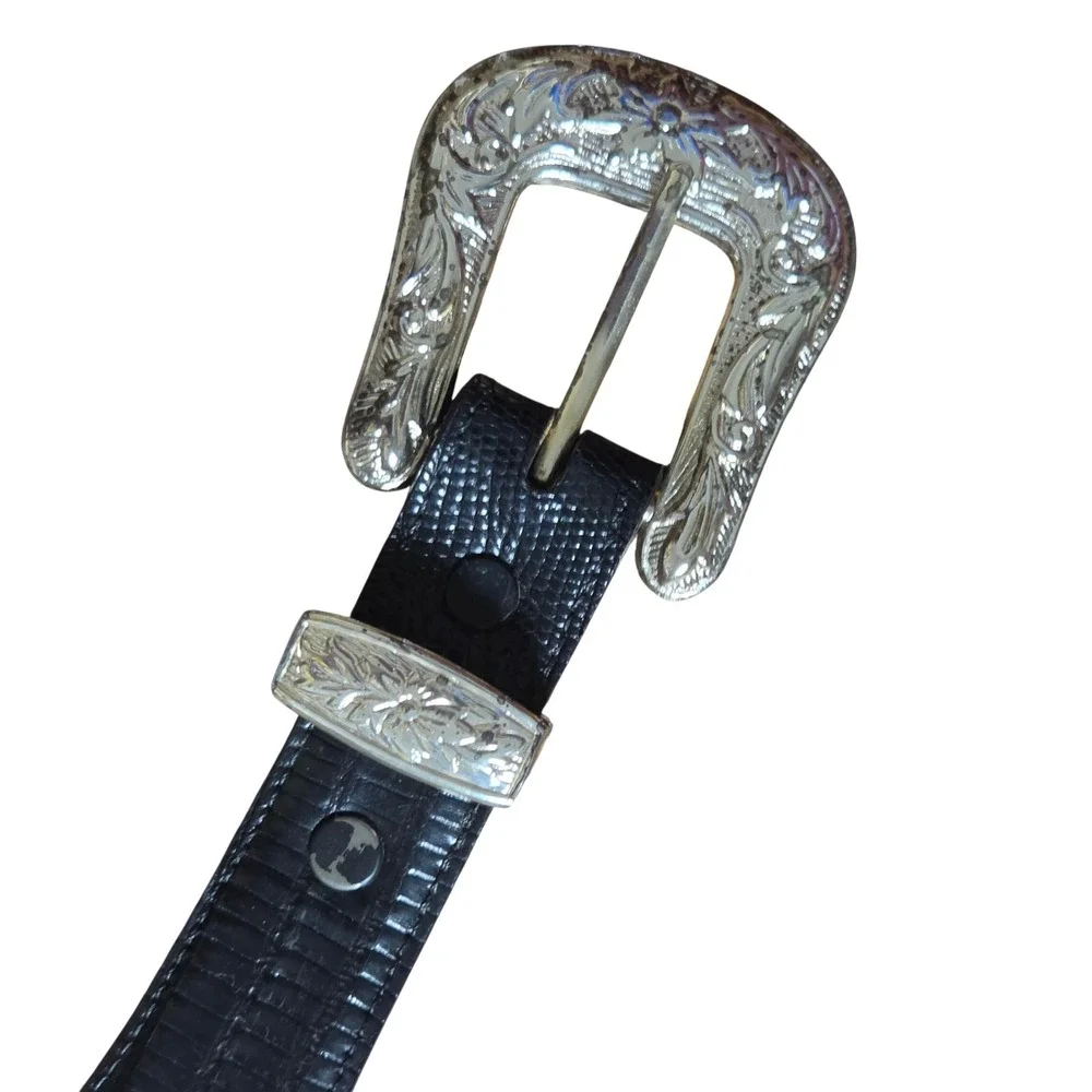Lucchese Mens Genuine Lizard Western Belt 42 Silver Engraved Buckle BL831 USA